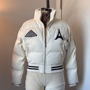 Maniere De Voir White Cropped Puffer Jacket with Stripe Hem